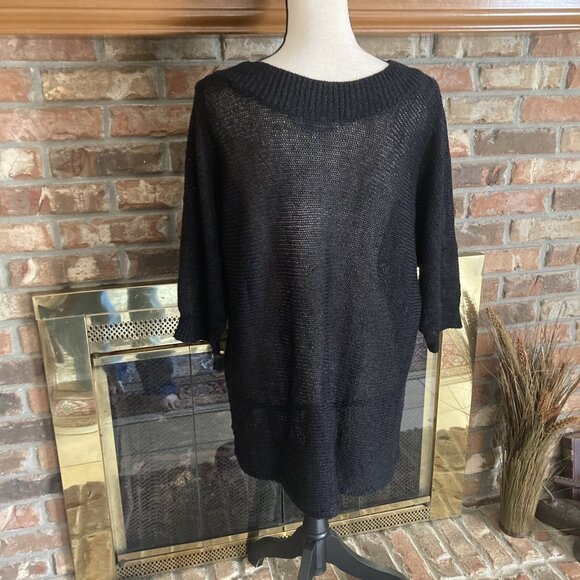 Cold water Creek Curved Hem Pullover Size Large Black Knit Linen Blend Sheer NWT - Picture 3 of 8